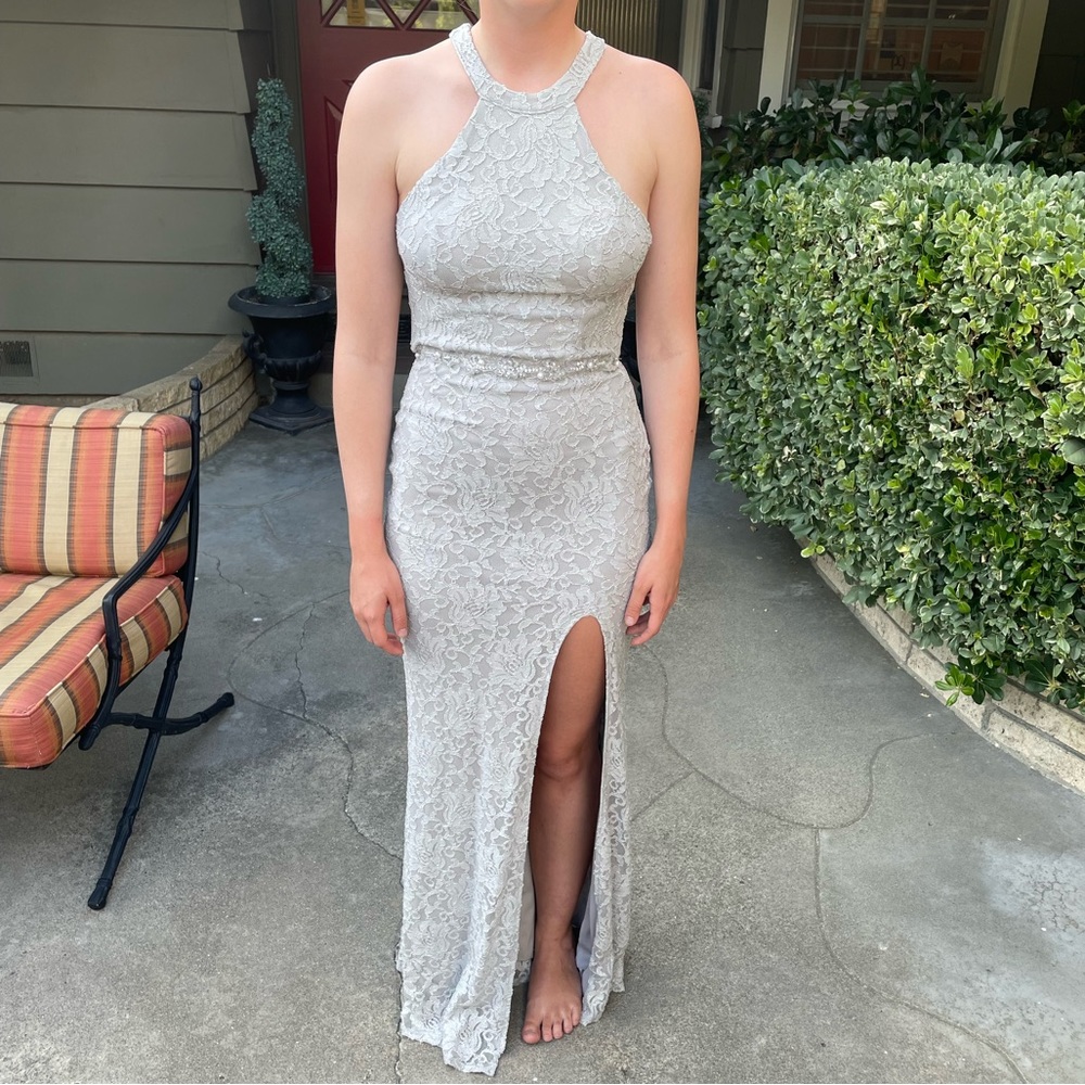 gray shimmery formal prom dress